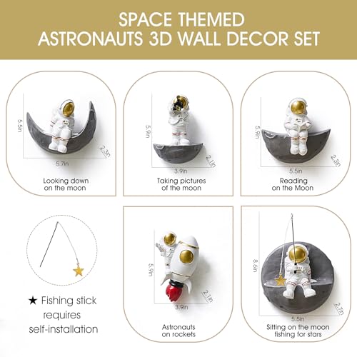 FJS Space Wall Decor Set of 5 - 3D Astronaut Wall Sculptures for Kids & Bedroom - Variation G
