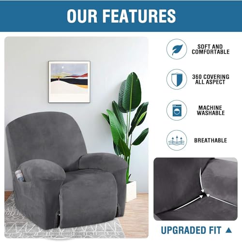 Luxury Velvet Recliner Chair Cover, Anti-Slip & Machine Washable - Grey, Large