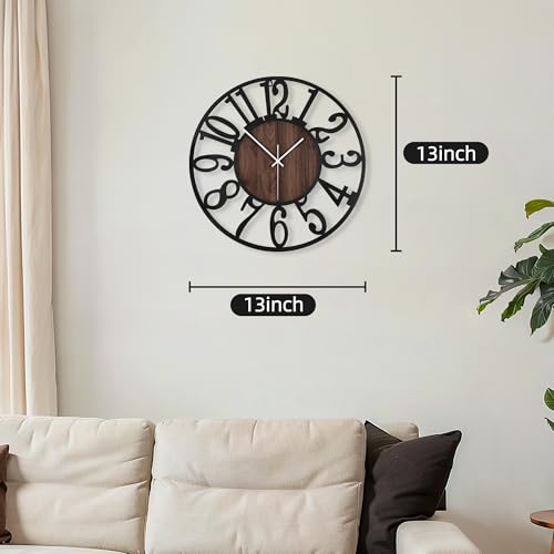 13-Inch Silent Round Wall Clock, Modern Black Metal and Wood Farmhouse Decor