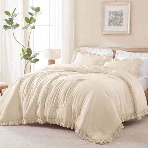 Beige Ruffled Queen Comforter Set - 3 Piece Lightweight Bedding