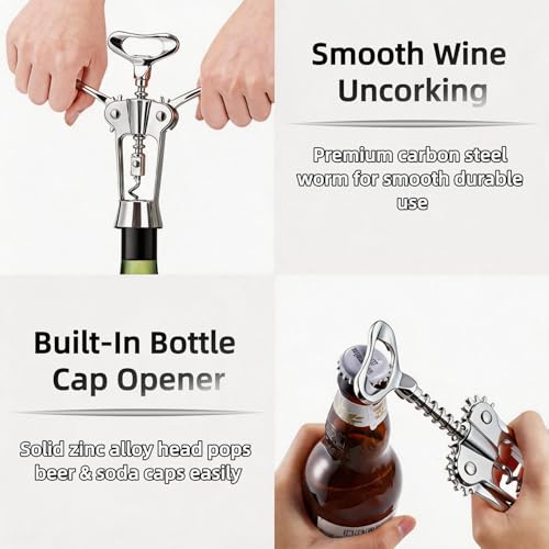 LunaThreads Silver 2-Pack Premium Zinc Alloy Lever Corkscrew Set with Wine Pourer & Vacuum Stopper