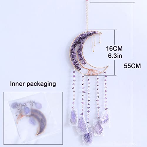 Moon Dream Catcher with Natural Purple Agate Stone and Tree of Life Decor