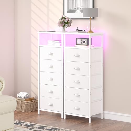 Nightstand with Charging Station, 5 Drawers, RGB LED Lights, White