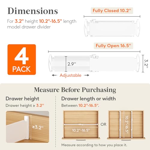 Adjustable Drawer Dividers 4 Pack, 3.2" Expandable Plastic Separators