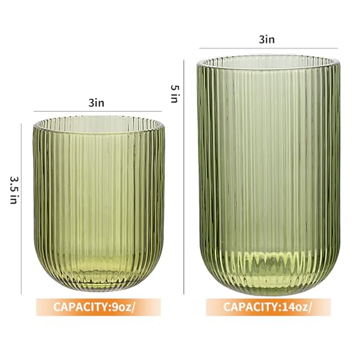 WeirdUncle Green Ribbed Glassware Set - 8pc Origami Style Drinkware, Highball & Rocks Glasses