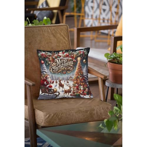 2 Pack 16x16 Inch Merry Christmas Santa Reindeer Snowflake Pillow Covers - Home Decor Cushion Cases for Sofa Bed Living Room