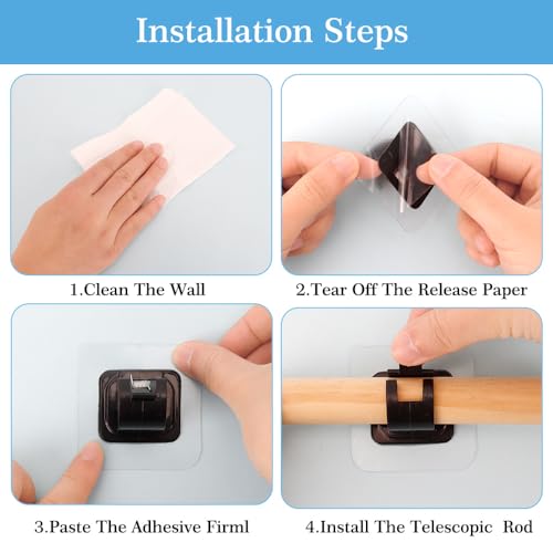 8 PCS Self-Adhesive Curtain Rod Brackets - No-Drill Wall Hanger Hooks (Black)