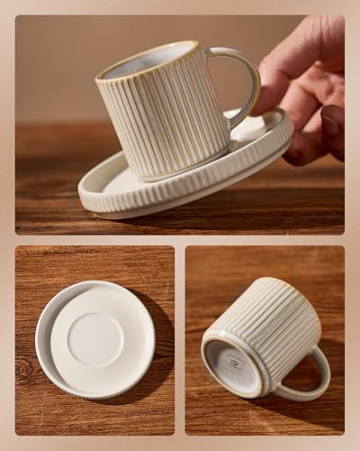 famiware 3oz Espresso Cups and Saucers Set of 4 - Cappuccino White, Handcrafted, Microwave & Dishwasher Safe