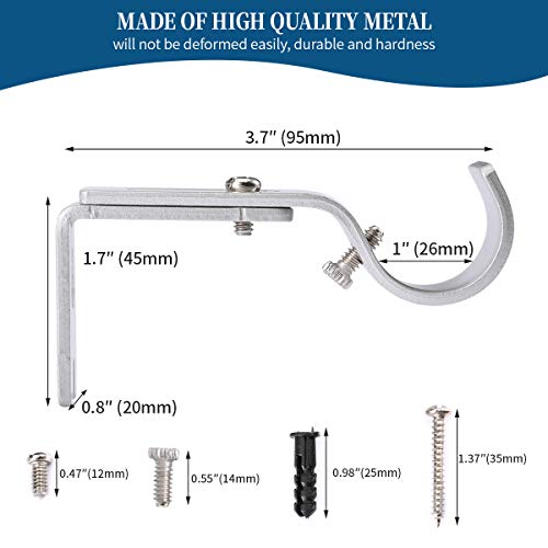 Heavy Duty Adjustable Curtain Rod Brackets for 1-Inch Rods, Silver (Set of 2)