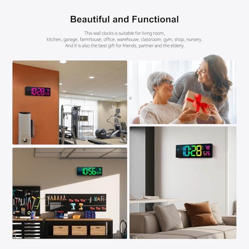 16" Large Digital Wall Clock with Remote Control - 11 RGB Colors & Night Light