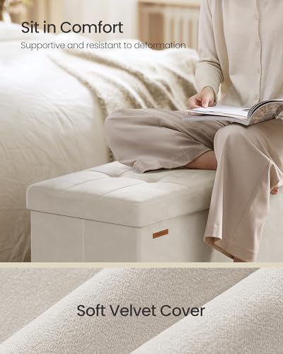 Velvet Storage Ottoman Bench, 43-Inch Folding Footrest Stool, Beige