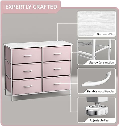 6-Drawer Fabric Dresser with Wood Top, Pink Storage Chest for Bedroom