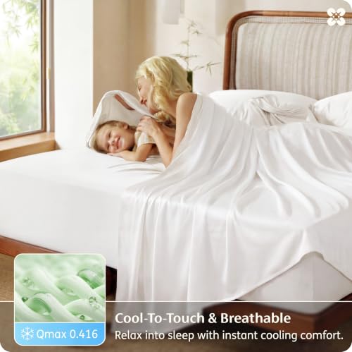 Bedsure White Queen Organic Bamboo Viscose Sheet Set - 4 Pieces, Deep Pocket, Cool & Soft