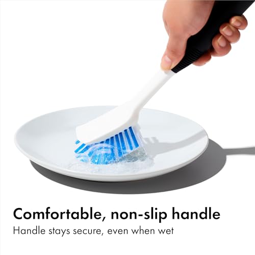 Dish Scrub Brush with Non-Slip Handle & Built-In Scraper - Nylon Bristles