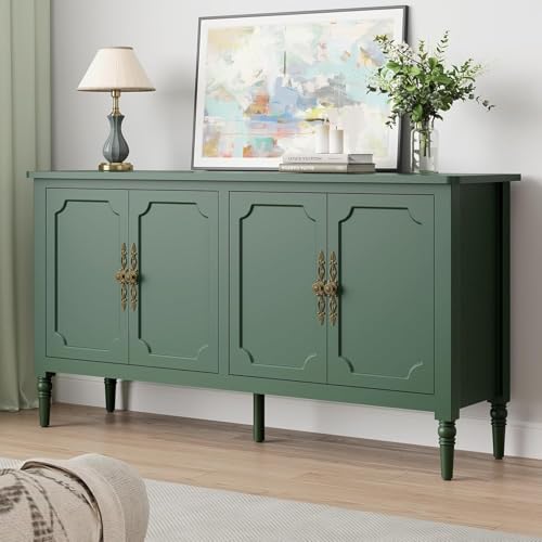 59-Inch Mid-Century Modern Buffet Cabinet with Adjustable Shelves - Forest Green