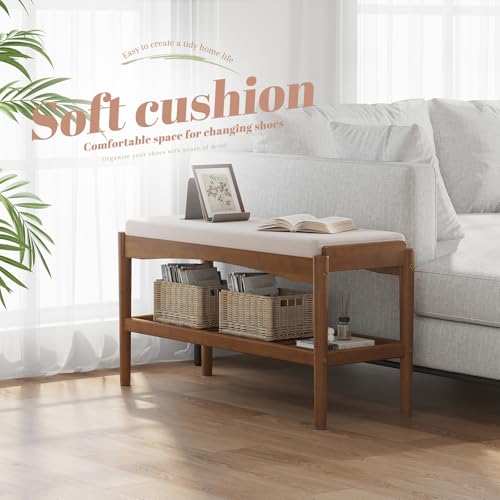 2-Tier Bamboo Shoe Bench with Padded Seat - Entryway Storage Organizer