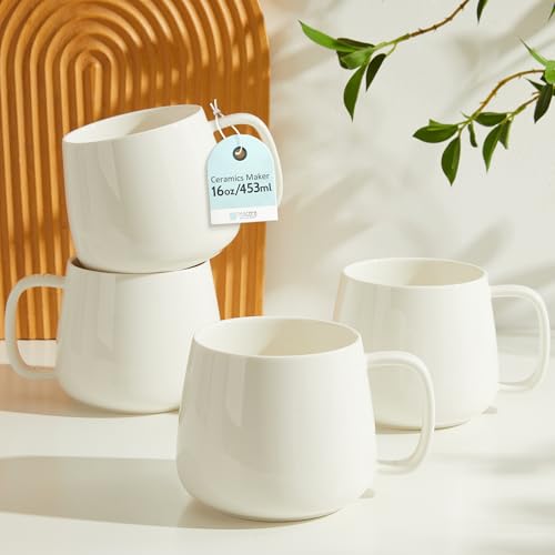Teocera White 16oz Ceramic Coffee Mugs Set of 4 - Stackable, Microwave & Dishwasher Safe