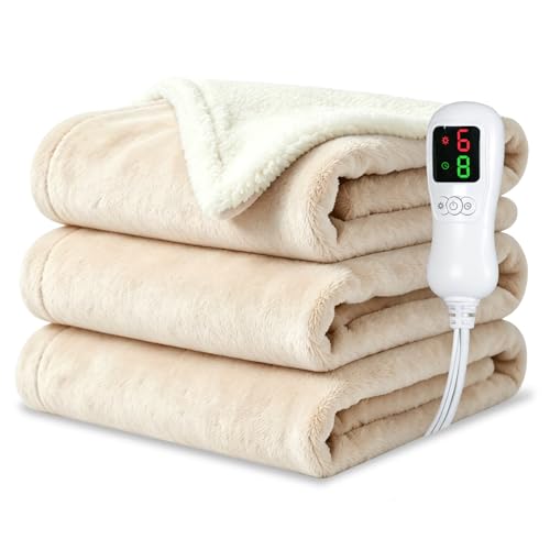 Soft Flannel Electric Heating Blanket - 50"x60", 9 Heat Levels, Auto Off, Machine Washable, Beige