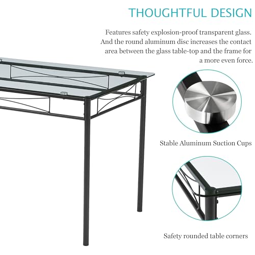 5-Piece Glass Dining Table Set for 4 with Upholstered Chairs, Black