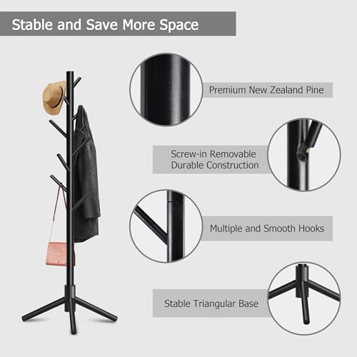 8-Hook Freestanding Coat Rack, Adjustable Height Solid Wood Coat Tree