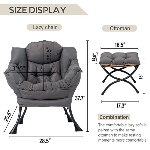 Upholstered Lazy Chair with Ottoman - Comfy Accent Reading Chair Dark Grey