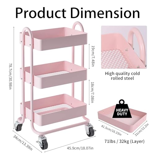 3-Tier Pink Metal Rolling Utility Cart with Wheels - 13.4" x 18.1" x 31"
