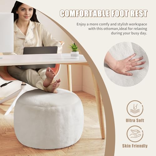 Round Faux Fur Pouf Ottoman, 20-Inch Foam Filled Foot Stool for Living Room