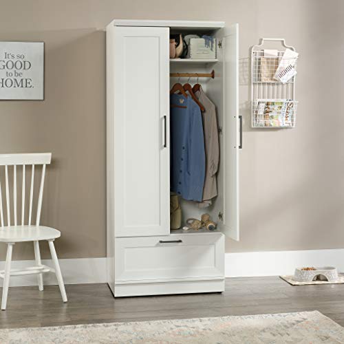 Wardrobe Storage Cabinet with Garment Rod and Drawer, Soft White