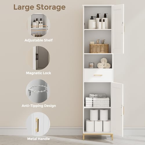 Homhedy 67-inch White Bathroom Storage Cabinet - Tall, Multi-Functional Bathroom Organizer