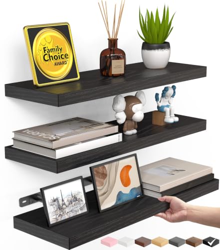 BAYKA Floating Shelves for Wall - Rustic Wood Hanging Shelves, Set of 3 (Black, 15.7in)