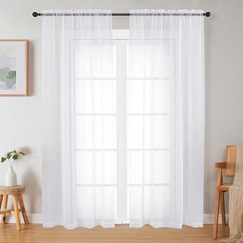 White Sheer Curtains 84 Inches Long - Light Filtering Rod Pocket Set, 2 Panels