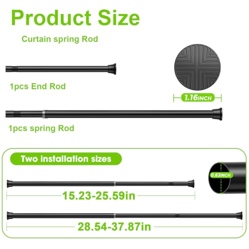 Adjustable Tension Curtain Rod, 16-38 Inch Black Spring Rod for Windows