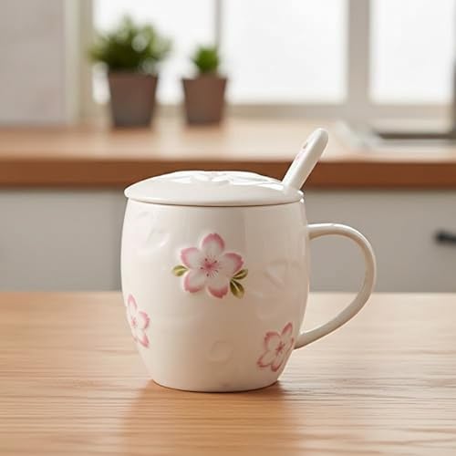 White 13oz Kawaii Tea Cup with Lid & Spoon - Cherry Blossom Mug, Handmade Ceramic Gift