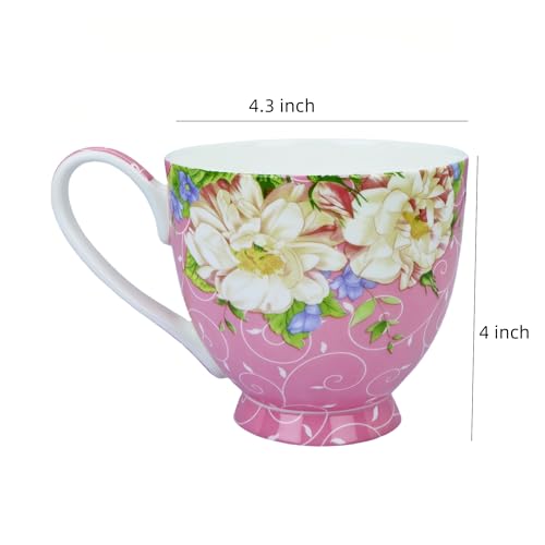 YUESITE 16oz Bone China Floral Mugs - Pink Magnolia, Large Coffee Tea Cup