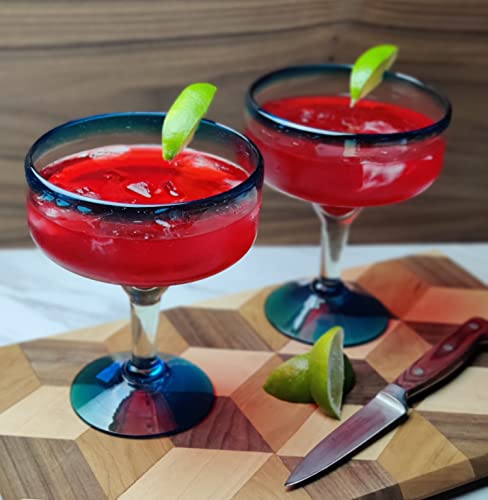 Set of 4 Mexican Hand Blown Margarita Glasses - 16 oz Aqua Blue Rims