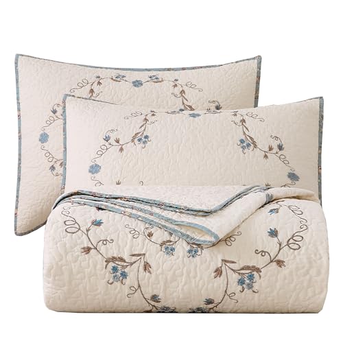 Elegant Floral Embroidered Bedspread Coverlet Set - Oversize Queen 100% Cotton