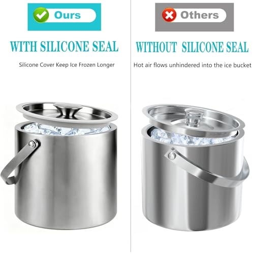 3L Double Wall Stainless Steel Ice Bucket with Lid, Scoop & Tongs - Portable