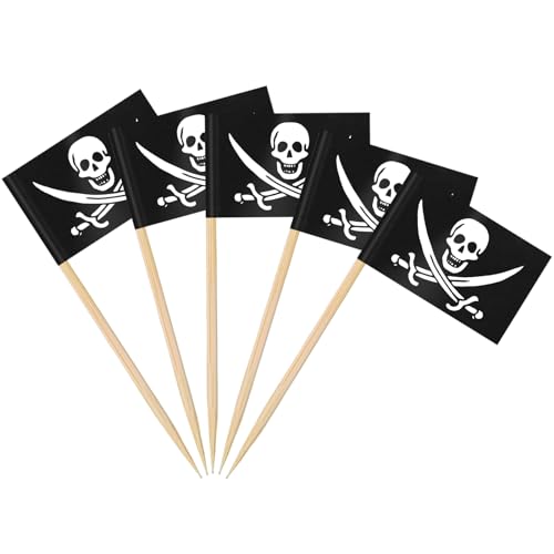 AhfuLife Pirate Flag Toothpicks 100 Pcs - Mini Pirate Cupcake & Food Decorations - Halloween Party Supplies (Variation: 100 / Pirate)