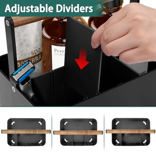 Portable Shower Caddy with Handle and Adjustable Dividers, Black