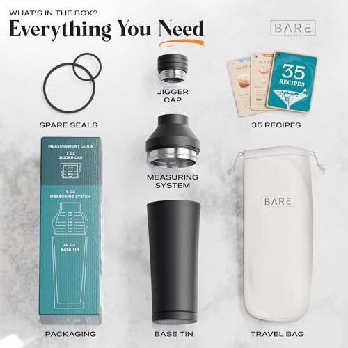 Bare Barrel Matte Black Insulated Cocktail Shaker Set with Built-in Measure, Strainer & Travel Bag