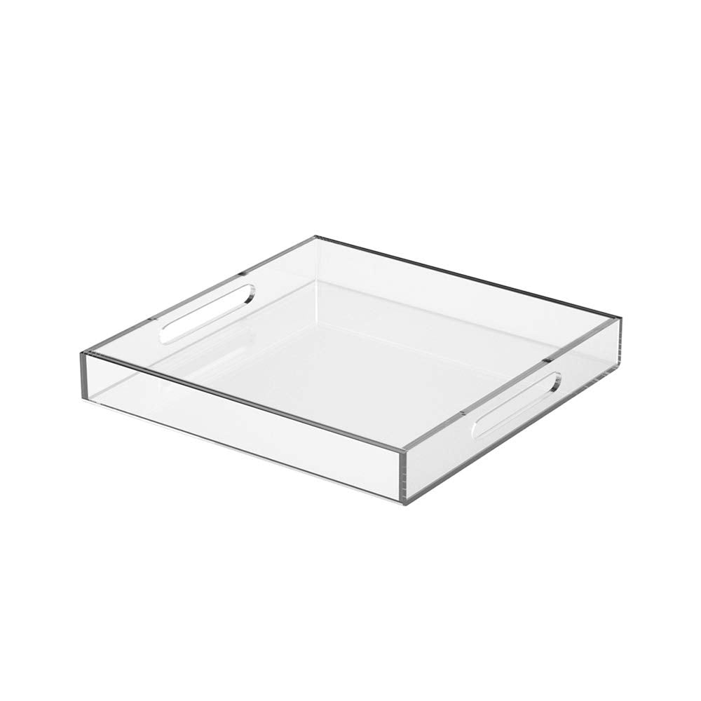 NIUBEE Acrylic Serving Tray 10x10 Inches -Spill Proof- Clear Decorative Tray Organiser for Ottoman Coffee Table Countertop with Handles