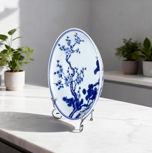 8-Inch Blue and White Ceramic Decorative Plate with Display Stand