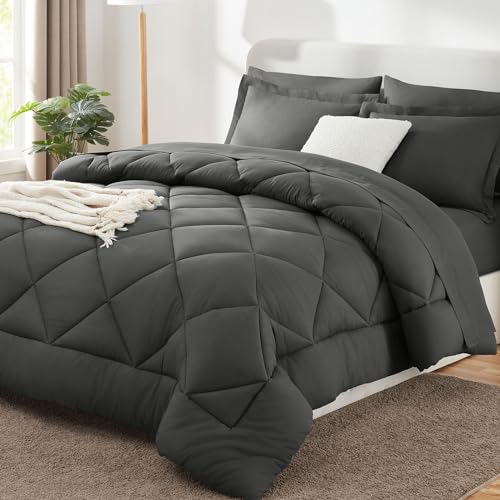 CozyLux Queen Comforter Set 7-Piece Bed in a Bag Dark Grey Microfiber