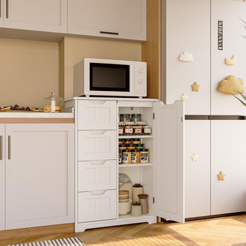 Small Coffee Bar Cabinet with 4 Drawers and Adjustable Shelf, White Sideboard