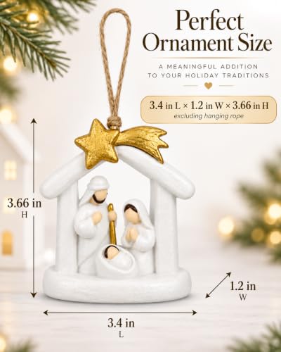 GoGnome Nativity Ornaments 2-Pack – White Arch Stable Holy Family with Gold Star