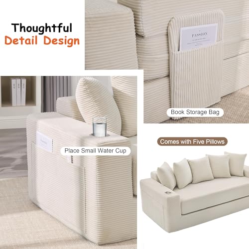 76" Corduroy Convertible Sofa Bed with Storage and Cup Holders