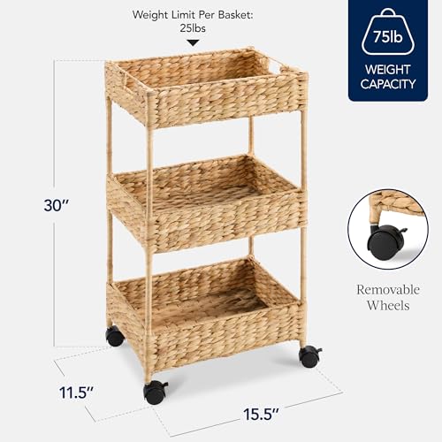 3-Tier Water Hyacinth Rolling Utility Cart - Woven Storage Caddy with Wheels
