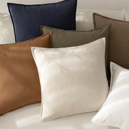 Boho Linen Throw Pillow Covers 20x20 Set of 2 - Neutral Beige Cushion Cases