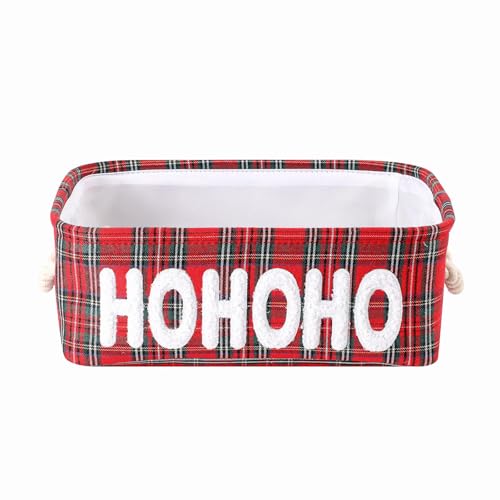 Tidelit HOHOHO Small Christmas Gift Basket with Embroidered Lamb Fleece, Farmhouse Style, Foldable Storage Bin
