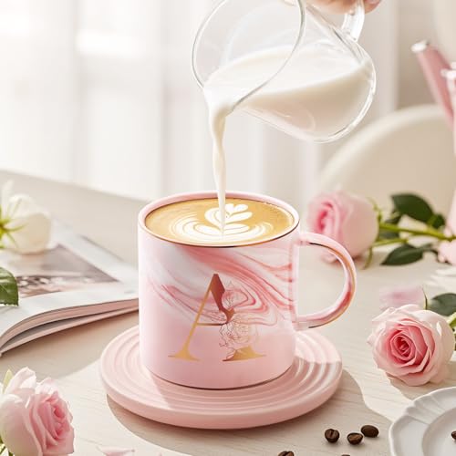 Uwingess A Personalized Initial Mug with Gift Box - Pink Marble Coffee Cup for Women